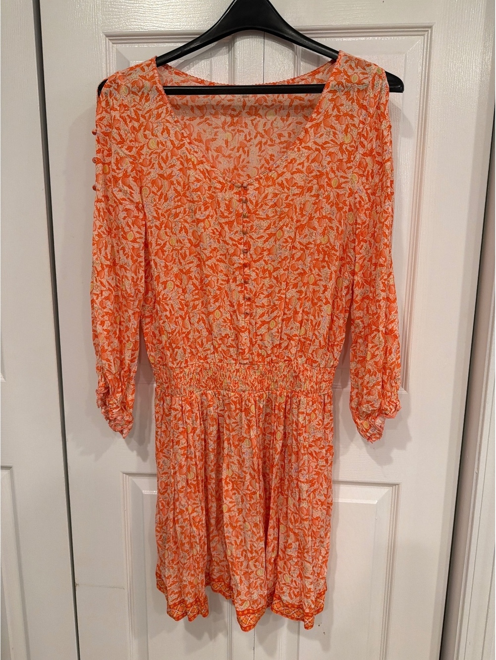 Poupette St. Barth Mila Mini Dress in Orange Floral Lemon Print - Size L